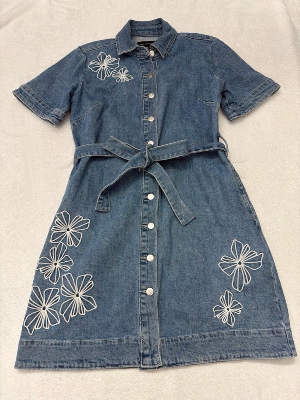 Free Assembly Denim Button-Front Casual Dress with White Floral Embroidery